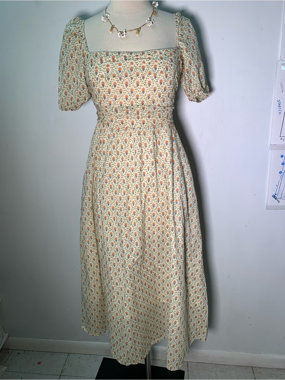 O.P.T Floral Square-Neck Cottagecore Midi Dress in Cream prairie boho size S